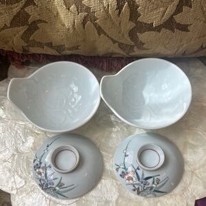 Two Chinese gaiwan for tea service, vintage beautifully hand painted, Porcelain